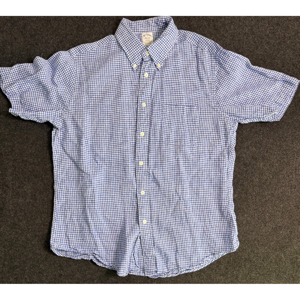Brooks Brothers Baird McNutt Linen Gingham Short Sleeve Shirt Blue White Large